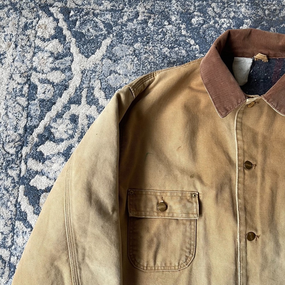 Vintage Carhartt Chore Canvas Jacket Blanket Lined Size 48 Beige Tan USA - Picture 2 of 12